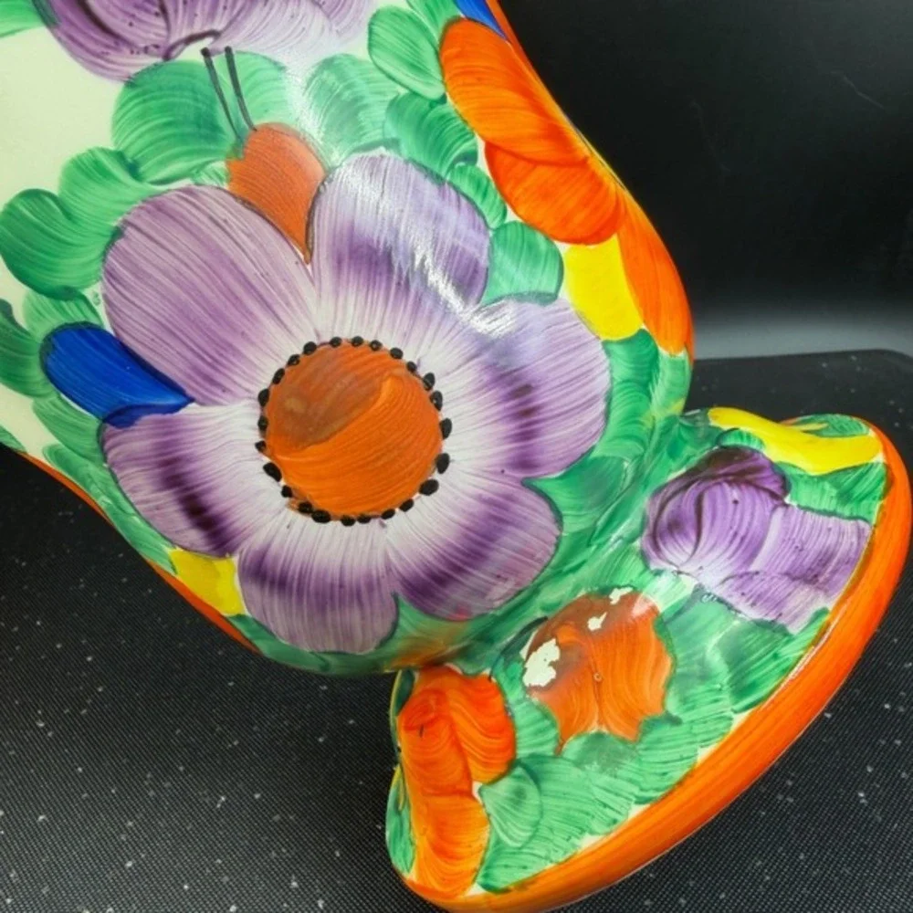Vintage Czechoslovakia Hand Painted Floral Ceramic Vase Vessel Multi Color 1930s